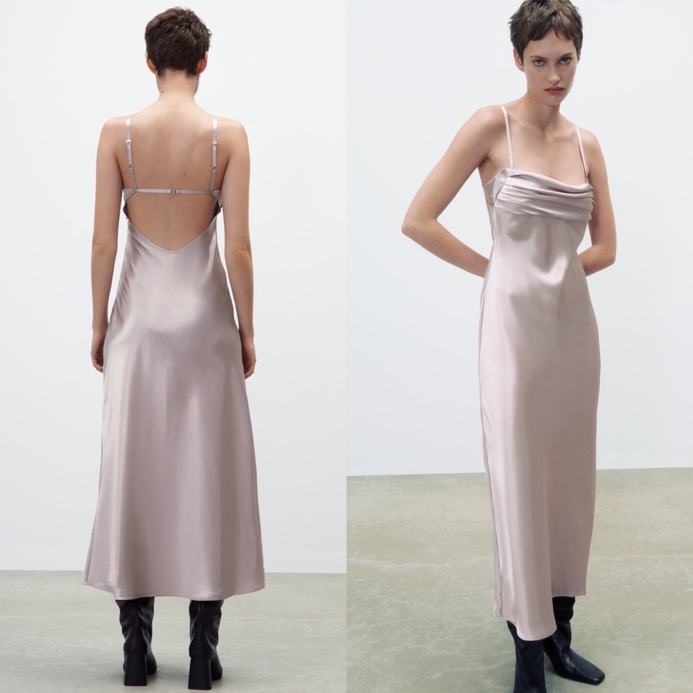Zara SATIN LINGERIE STYLE MIDI DRESS Straight Neck Adjustable Thin Straps GRAY